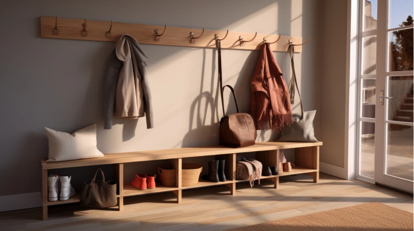 Mud Room with jackets, bags, and shoes on the wall