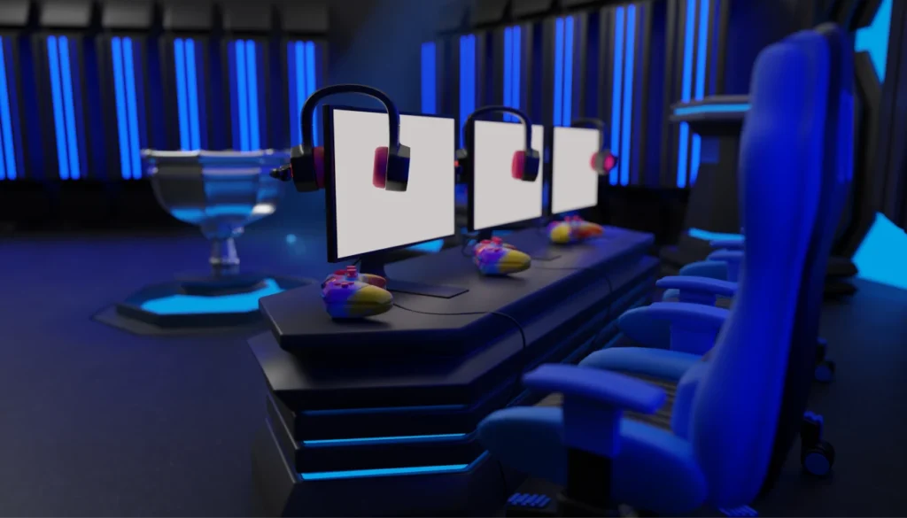 Game Room with three monitors with headsets on them and chairs in front of them