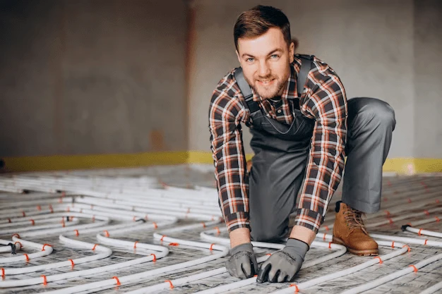 Service man installing house heating system under the floor plan